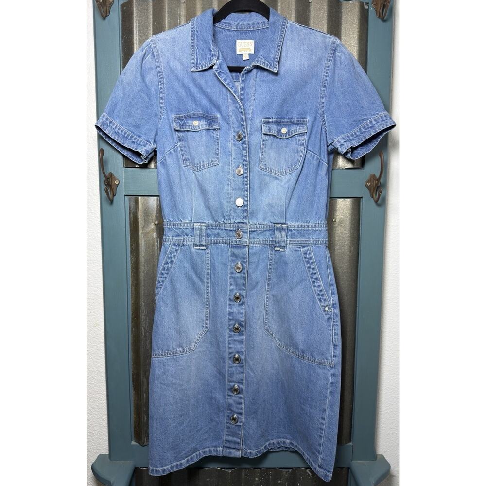 Guess Lylian Button Front Denim Dress Women’s Size Medium Pearl Accents Y2K